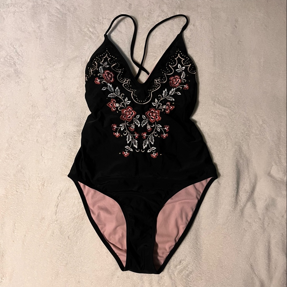 Embroidered Lace up High Cut Swim